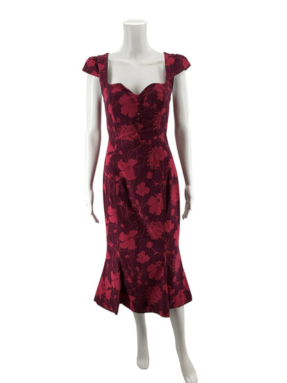 Anthropologie Burgundy Floral Sweetheart Button-Front Midi Dress Size XS