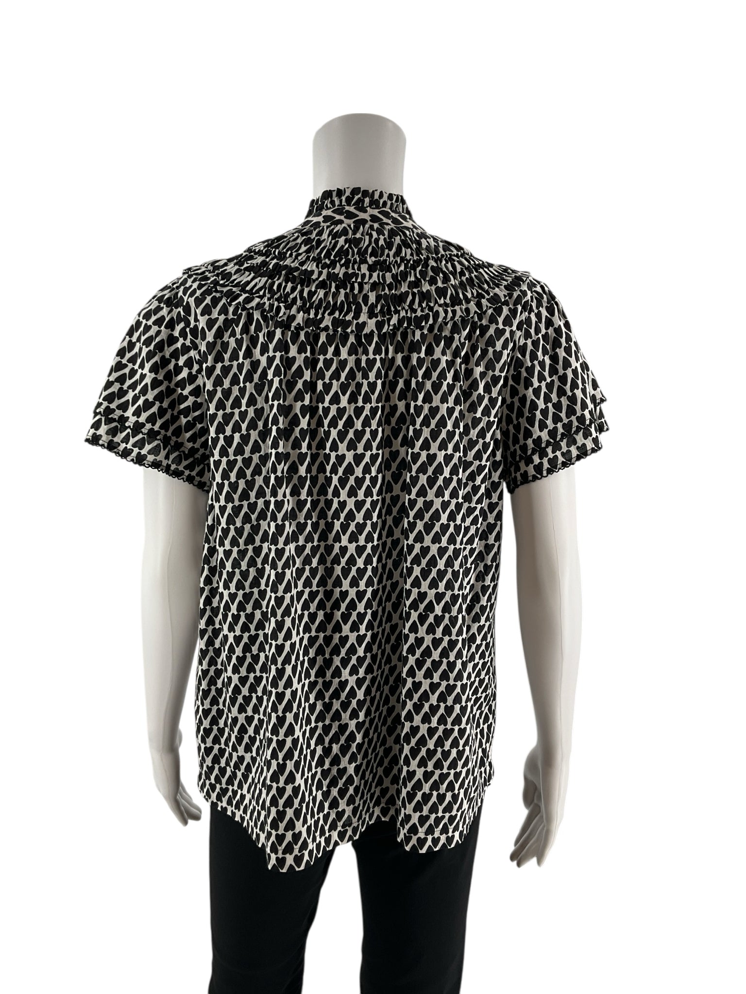 Ivy Jane white/black Short Sleeve Heart Print Smocked Ruffle Yoke Blouse Top Size Small NWT - Size S