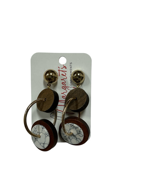 Wood and Marble Resin Geometric Statement Dangle Earrings Gold Tone