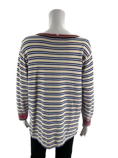 Cabi tan and blue striped pre-owned ladies pullover top in size medium, featuring a casual nautical style.