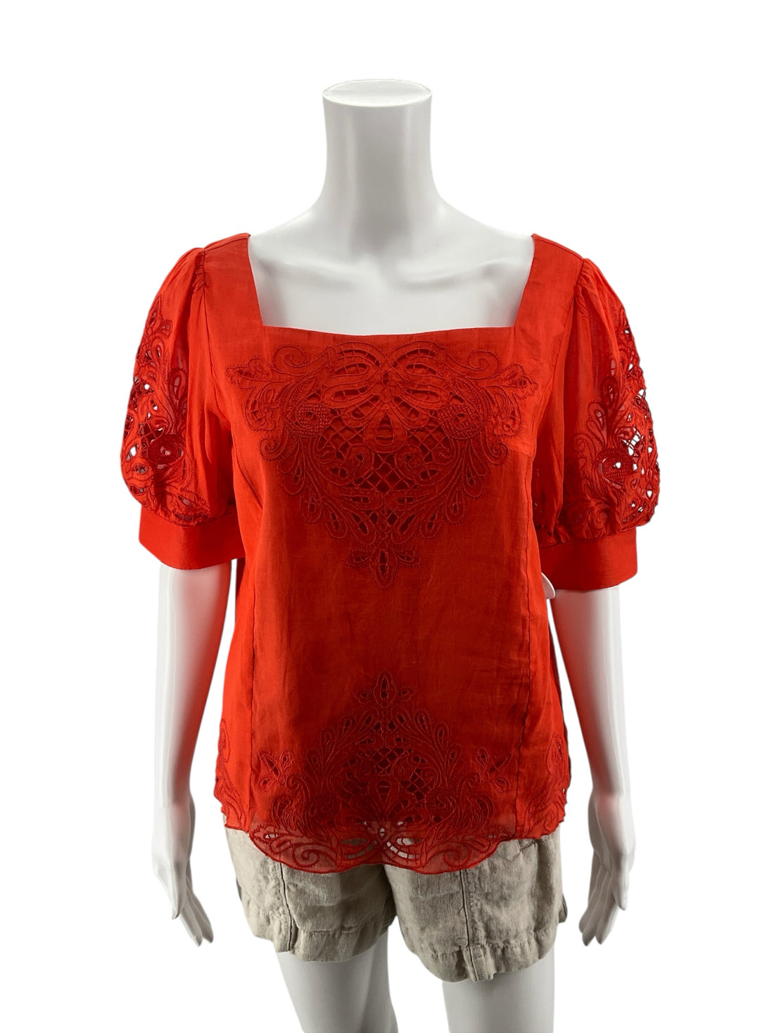 Anthropologie Orange Embroidered Scalloped Hem Cotton Blouse Size XS