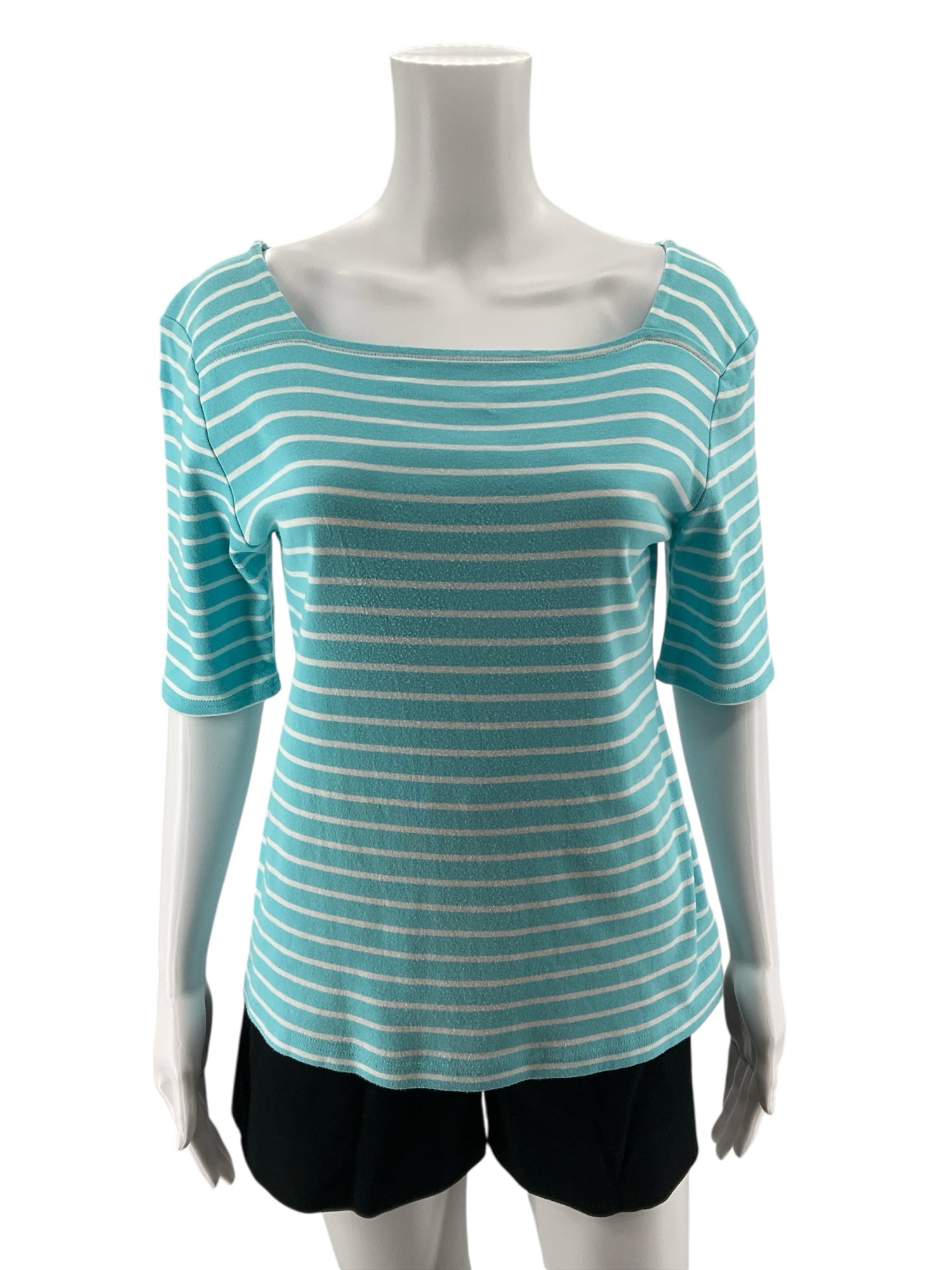 Croft &amp; Barrow Striped Boat Neck Top Size M Turquoise White 100% Cotton