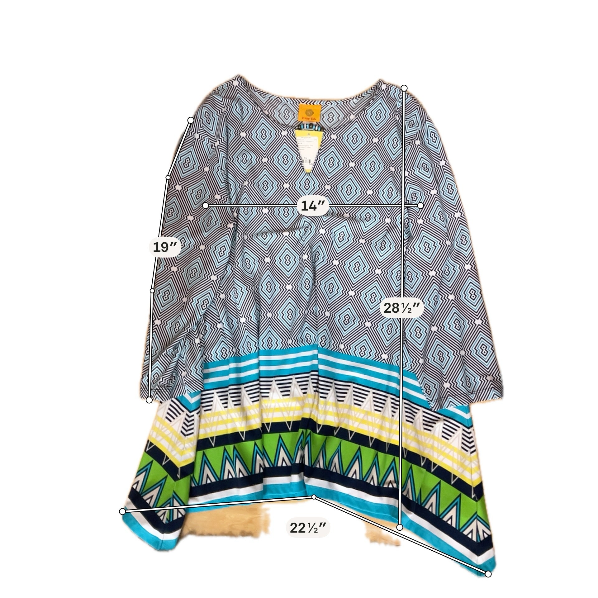 Ruby Rd. Mixed Print Tunic Top Beaded Keyhole 3/4 Sleeve Blouse | Size XL