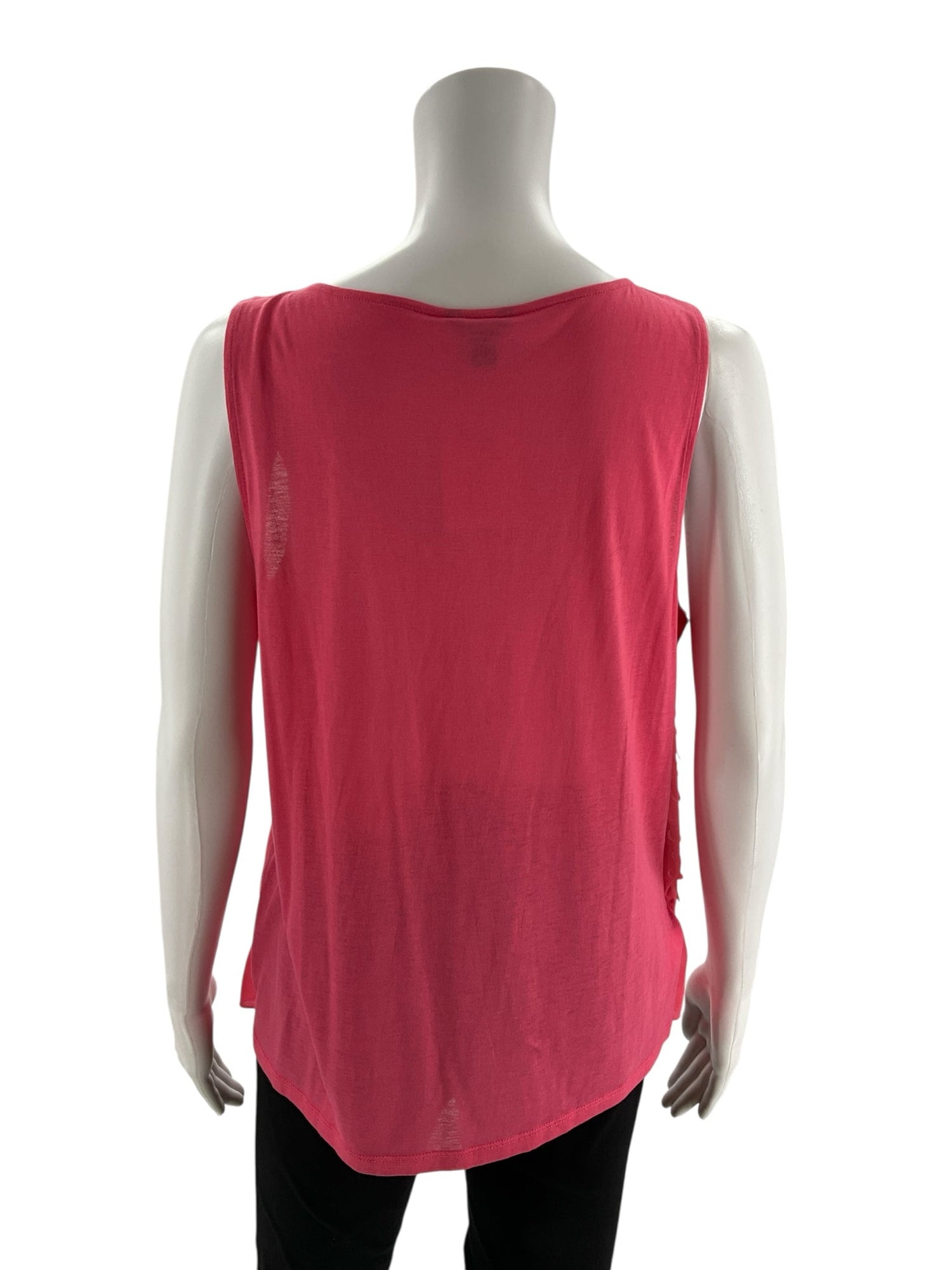 Sleeveless A-line pink shell blouse by Ann Taylor, pre-owned, size large petite, featuring a mixed media design.