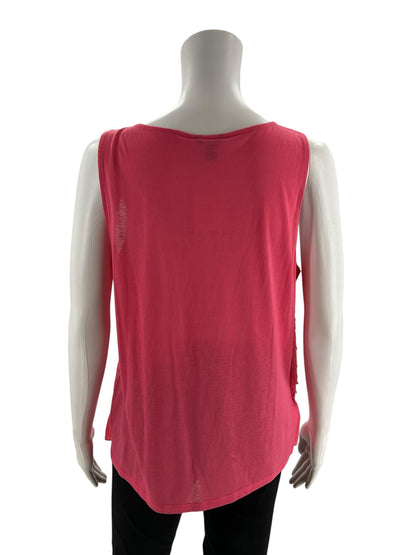 Sleeveless A-line pink shell blouse by Ann Taylor, pre-owned, size large petite, featuring a mixed media design.