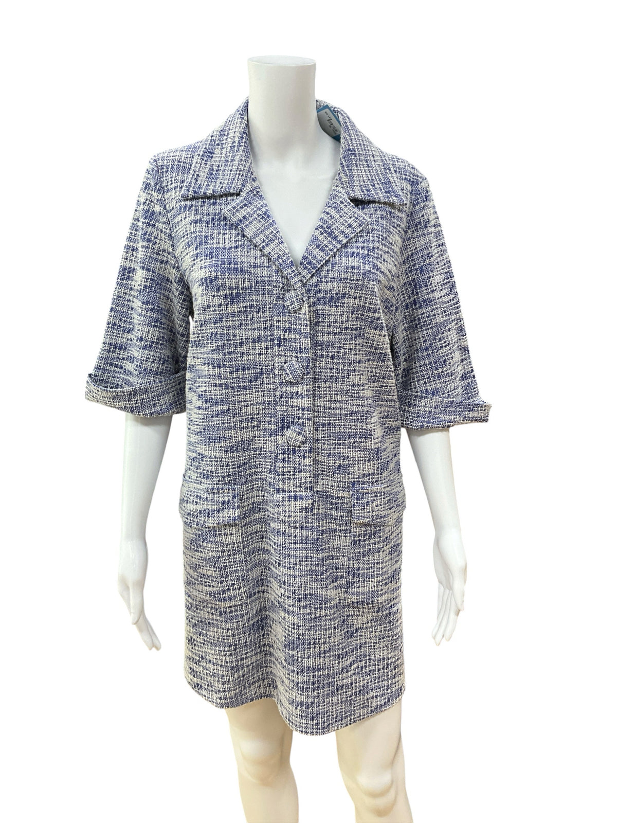 Pomander Place Jackie Tweed Dress Blue White Boucle Short Sleeve Shift Medium