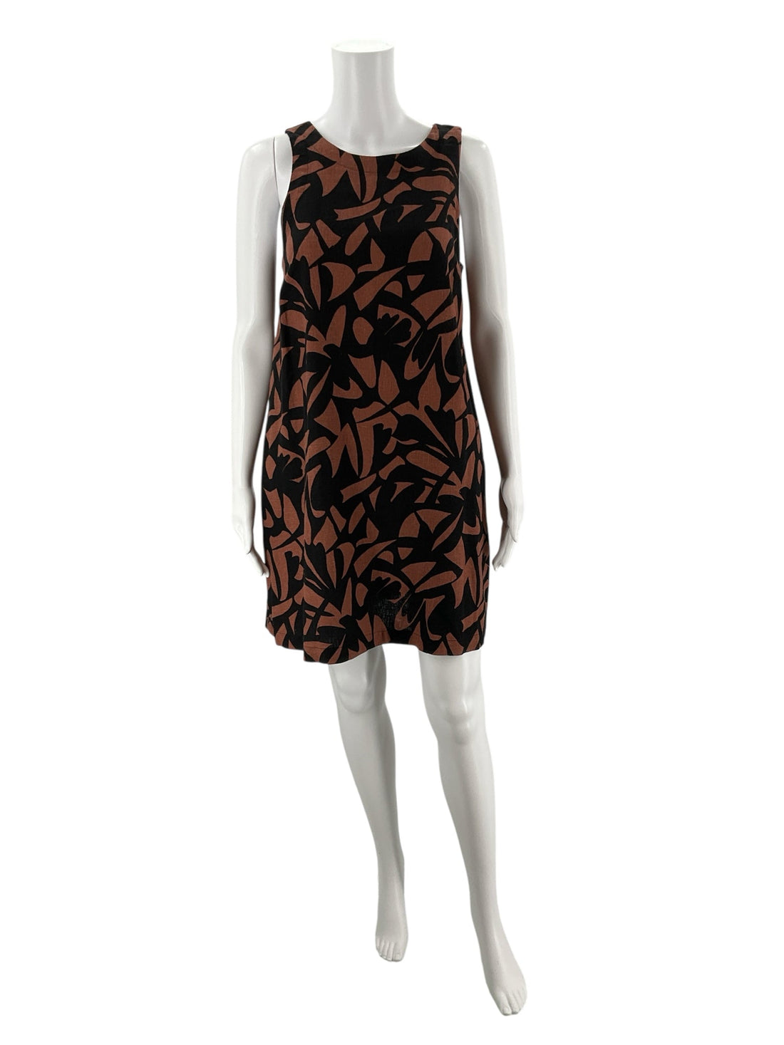 A New Day brown and black print sleeveless A-line mini dress, size small, with tags visible on a light background.