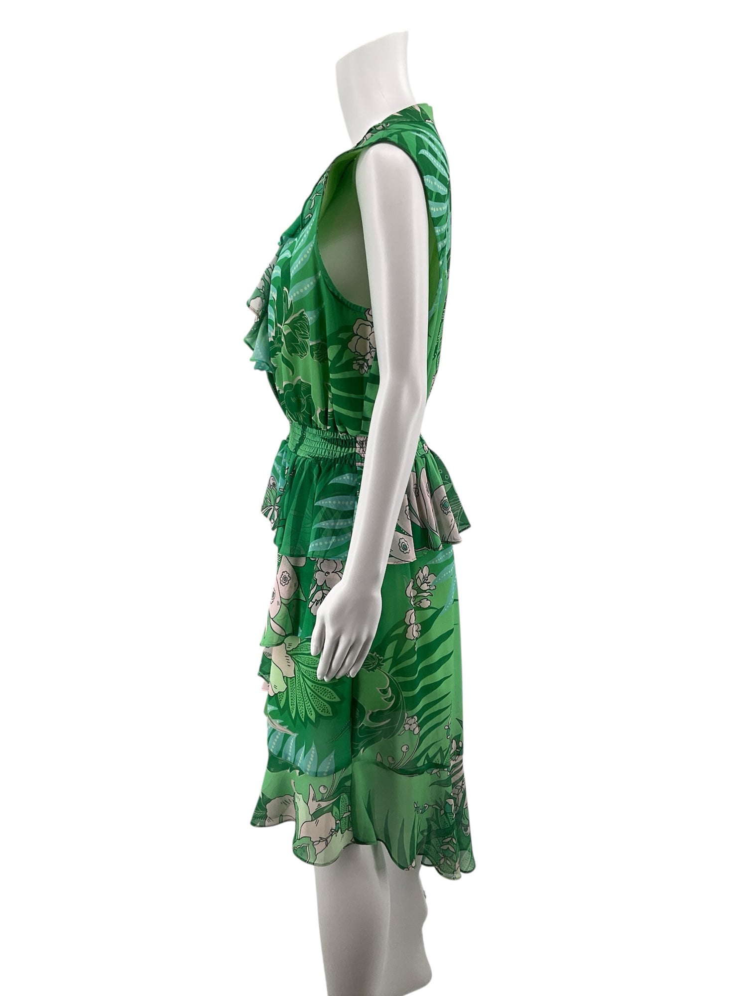 Hale Bob Emerald Green Floral Tiered Ruffle Sleeveless Dress Size Large