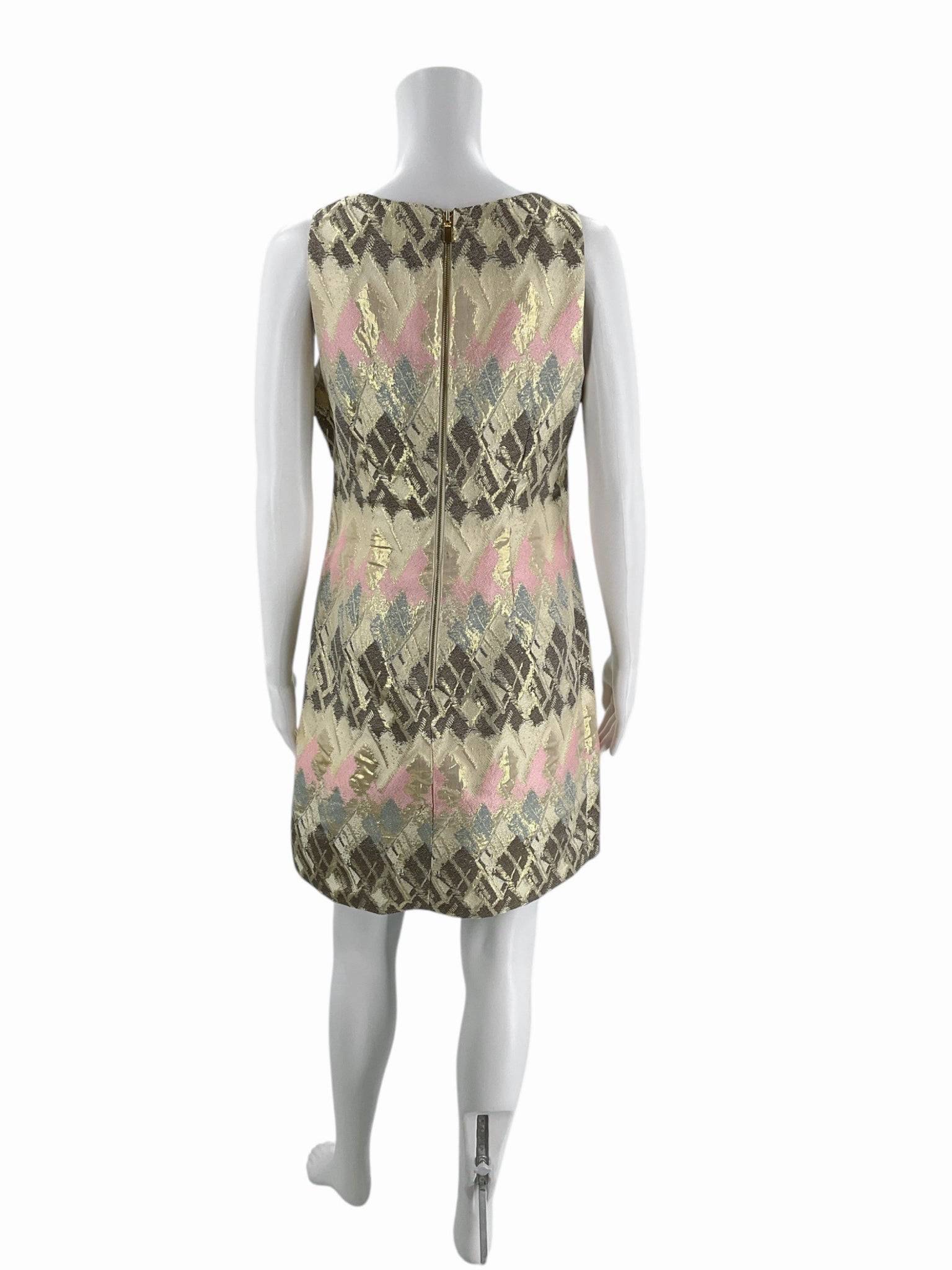 Back view of Vince Camuto Sparkle Mini Dress in size 8 featuring a metallic geometric pattern and rear zipper closure.