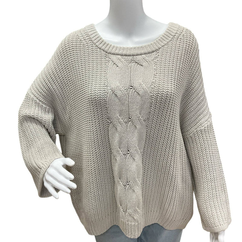 Pre-owned H&M Gray Cable Knit Sweater Size Medium displayed on mannequin, available at Margaret’s Fine Consignments for stylish cold-weather wear.