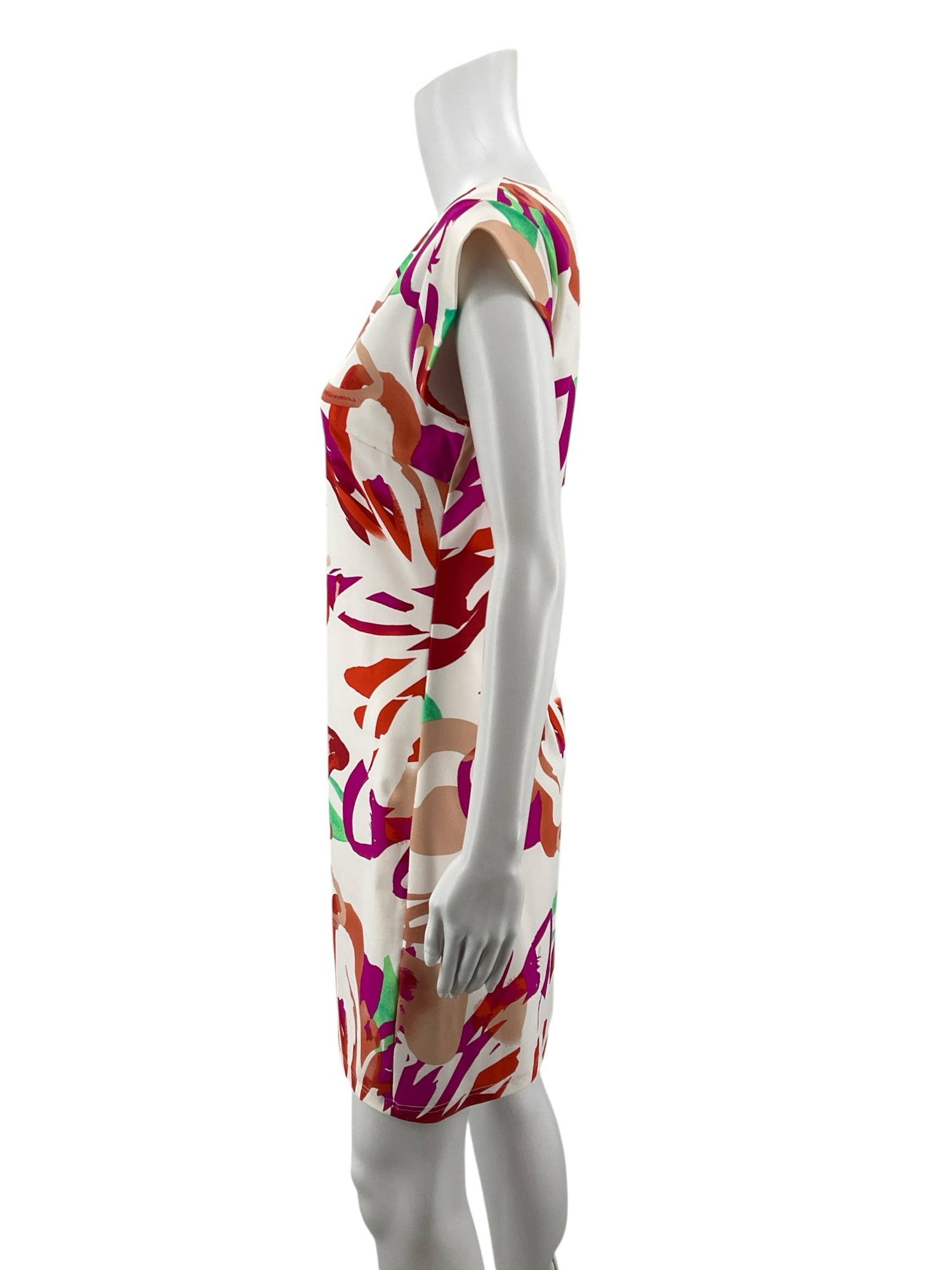 Aryeh White/Pink/Green Sheath Floral Cap Sleeve V-Neck Stretch Shift Dress Size Small - Size S