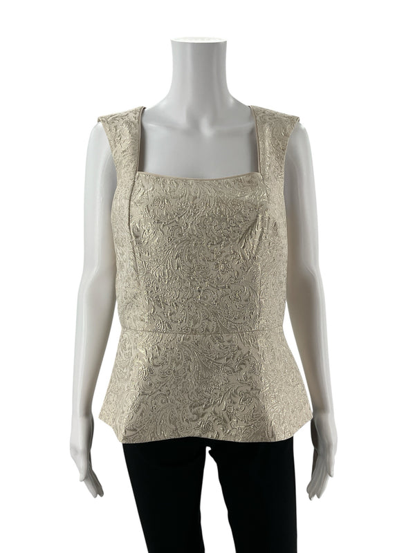 White House Black Market Cream/Gold Floral Pre-Owned Ladies Top - Size 8