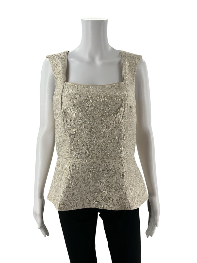 White House Black Market Cream/Gold Floral Pre-Owned Ladies Top - Size 8
