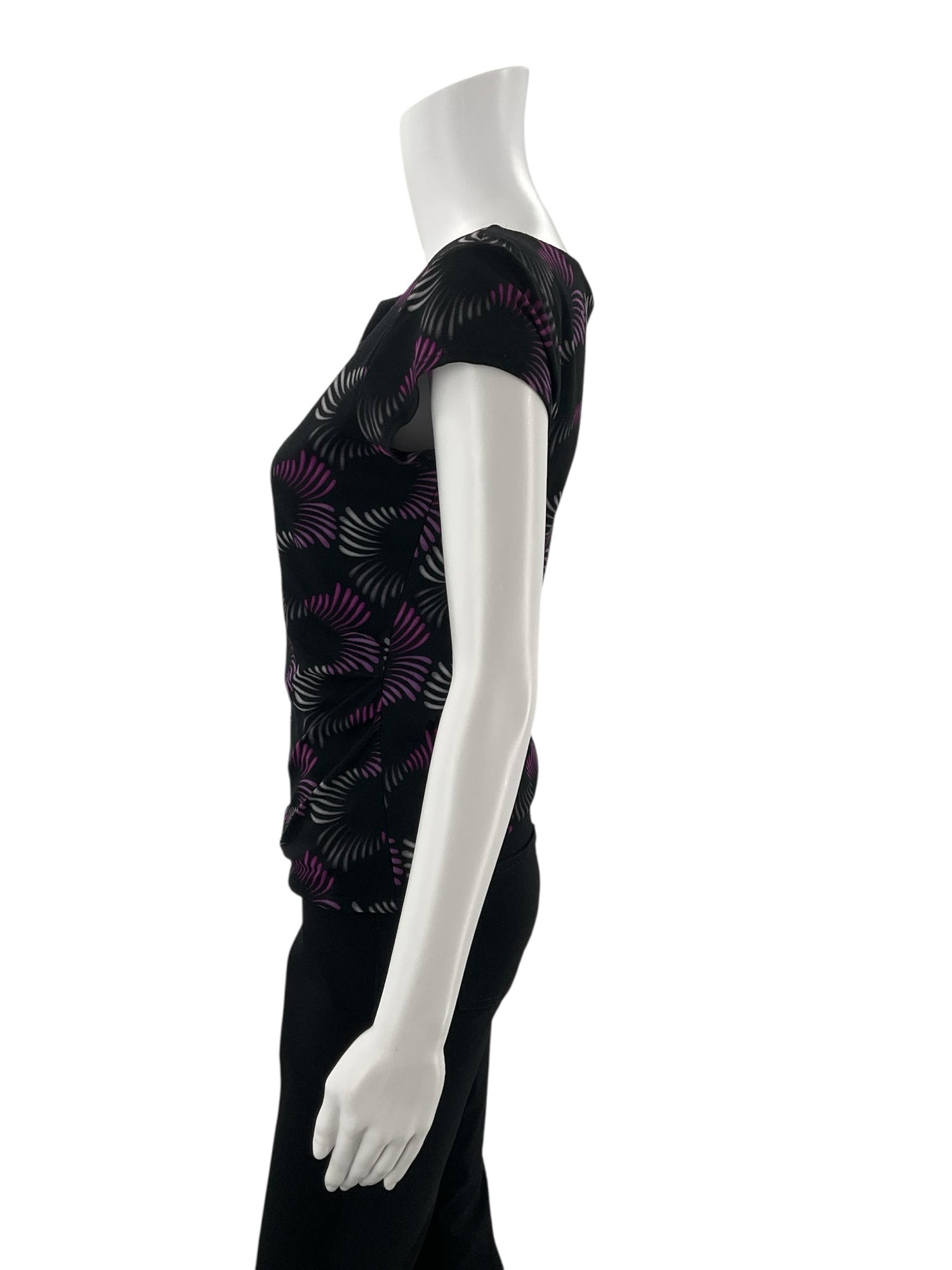 Alfani Petite black and purple print pullover blouse for women, size small petite, featuring a casual design and relaxed fit.