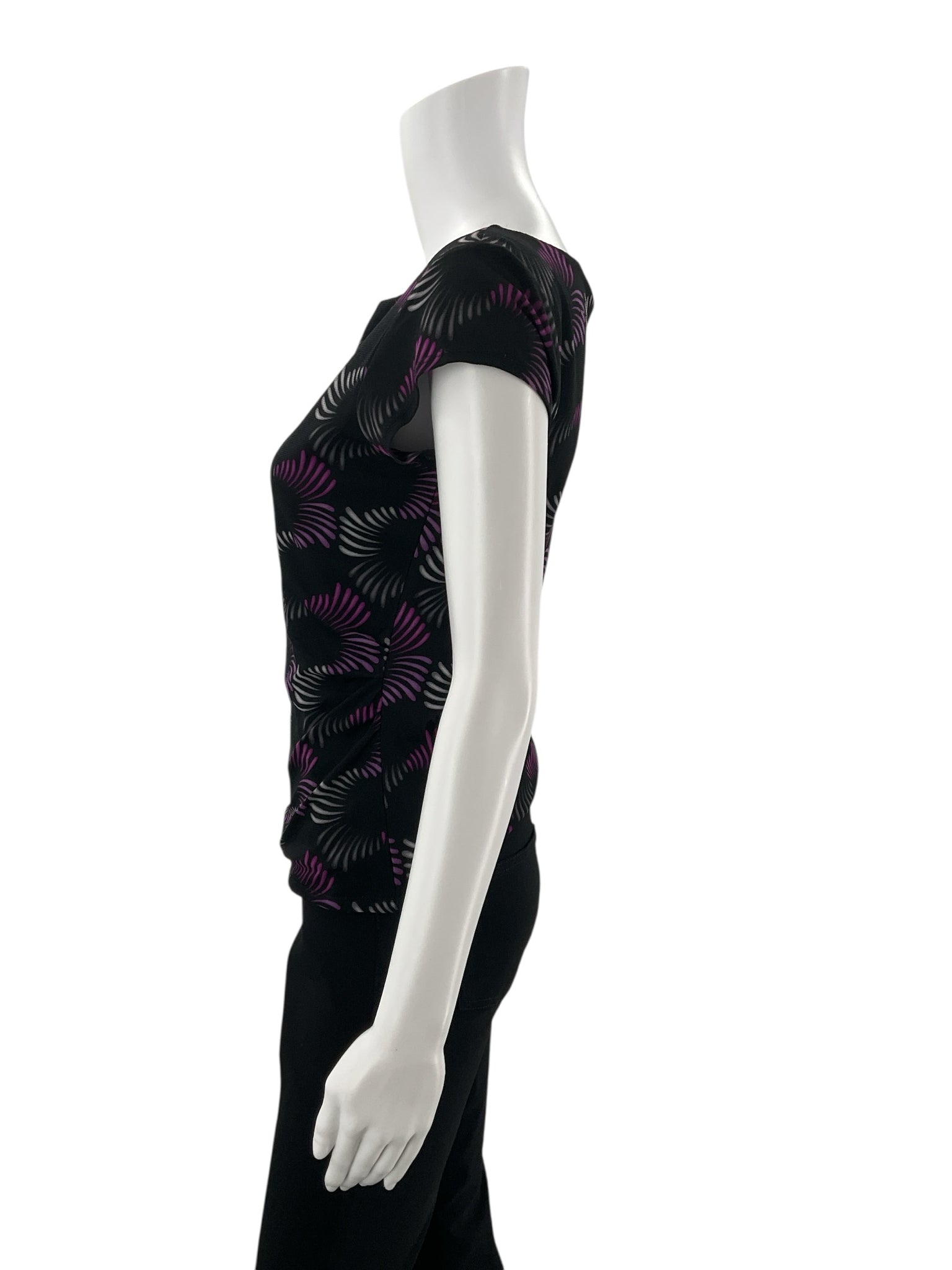 Alfani Petite black and purple print pullover blouse for women, size small petite, featuring a casual design and relaxed fit.