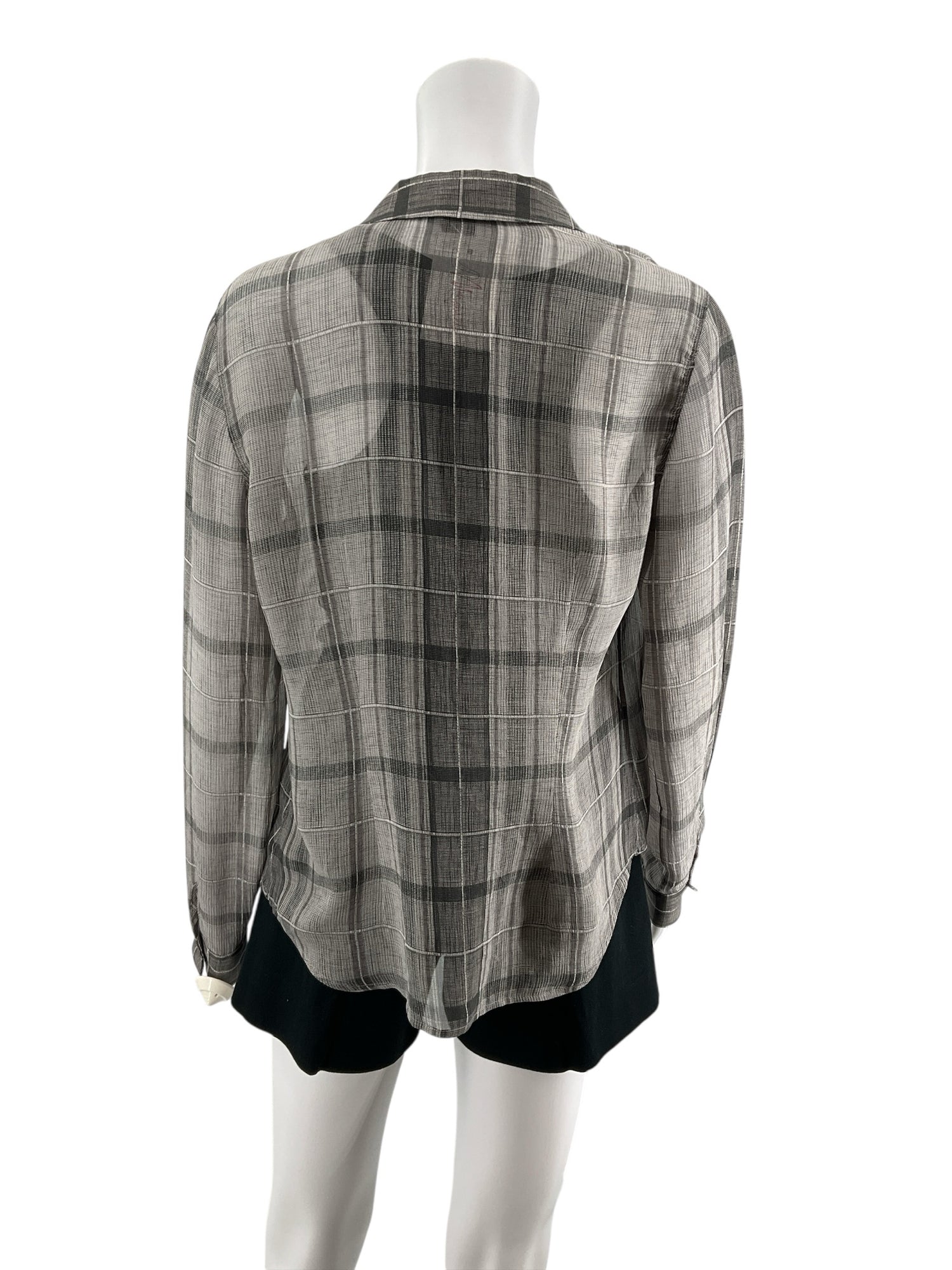 Theory Biddy Lattice Plaid 100% Silk Button Down Blouse Gray Size P Petite