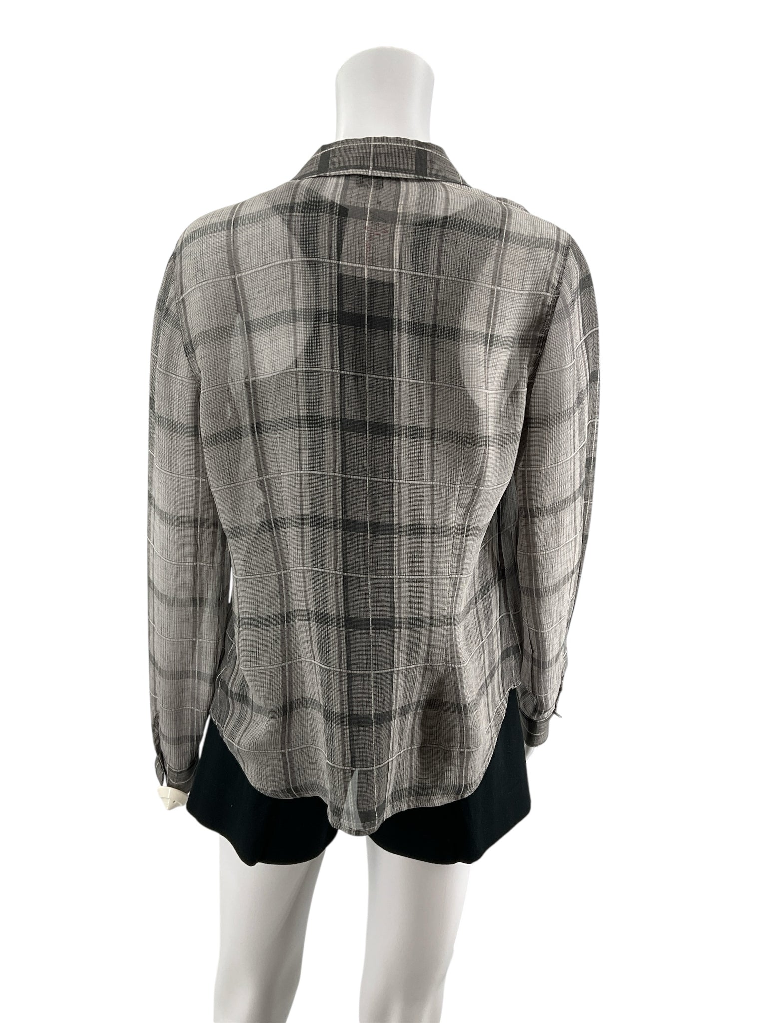 Theory Biddy Lattice Plaid 100% Silk Button Down Blouse Gray Size P Petite