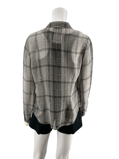 Theory Biddy Lattice Plaid 100% Silk Button Down Blouse Gray Size P Petite