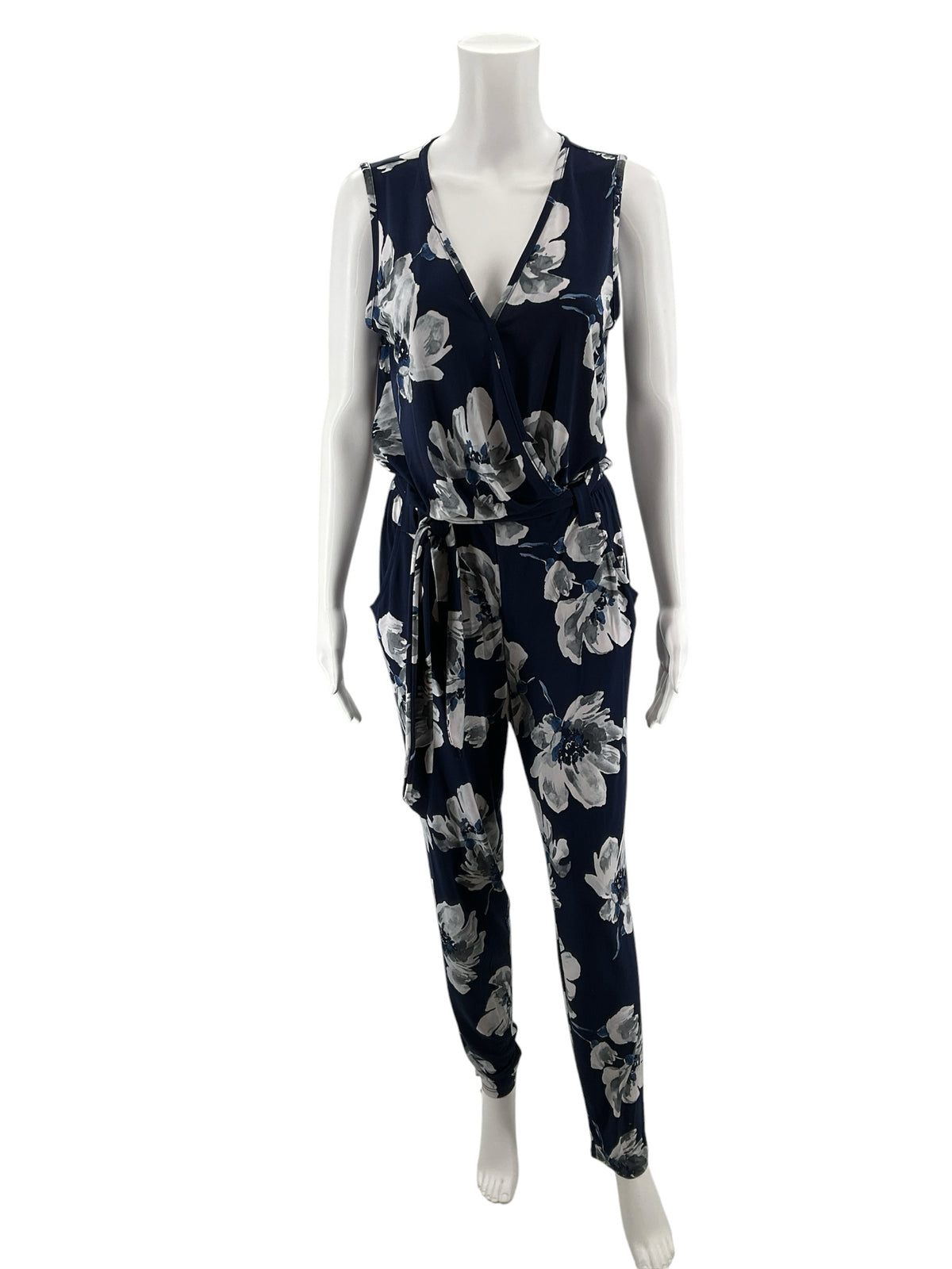 Venus Navy &amp; Gray Floral Sleeveless Surplice Jumpsuit Size Small - ONLINE ONLY
