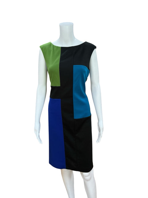 London Times black, green, and blue colorblock sheath dress in size 10 with boat neck and sleeveless design, ideal for workwear or cocktails.