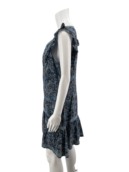 Lucky Brand Blue/rust Floral Boho Floral Crochet Trim V-Neck Mini Dress Size Small - Size S