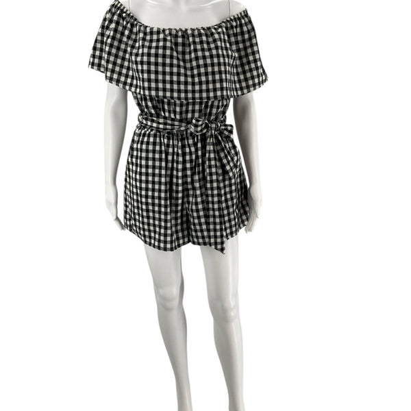 HYFVE black/white checkered romper in size large with off-shoulder neckline and waist tie, ideal for casual women’s fashion.