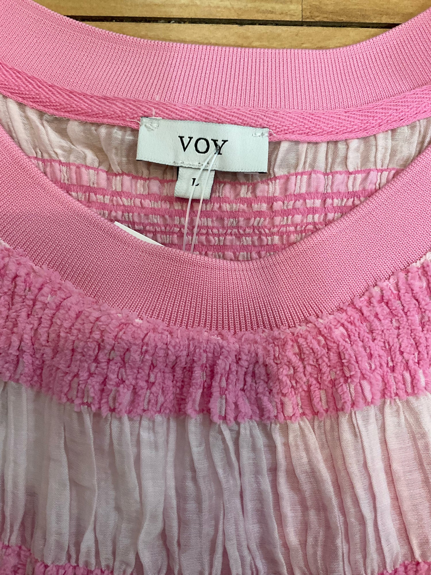 Voy Pink &amp; Ivory Striped Mixed Media Tencel Blend Cap Sleeve Top Size Large