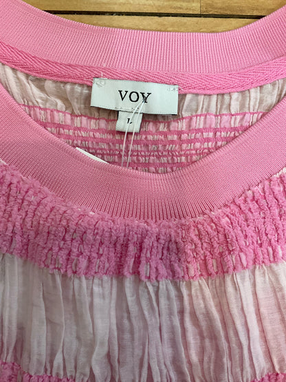 Voy Pink &amp; Ivory Striped Mixed Media Tencel Blend Cap Sleeve Top Size Large