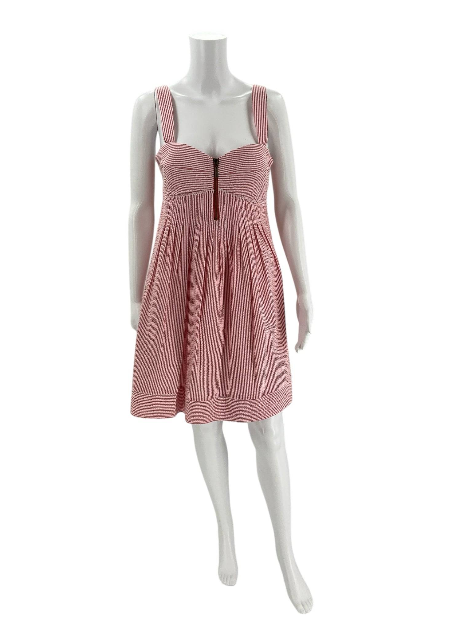 Front view of Jessica Simpson red and white striped square neck mini dress size 6, new with tags, available at Margaret’s Fine Consignments.