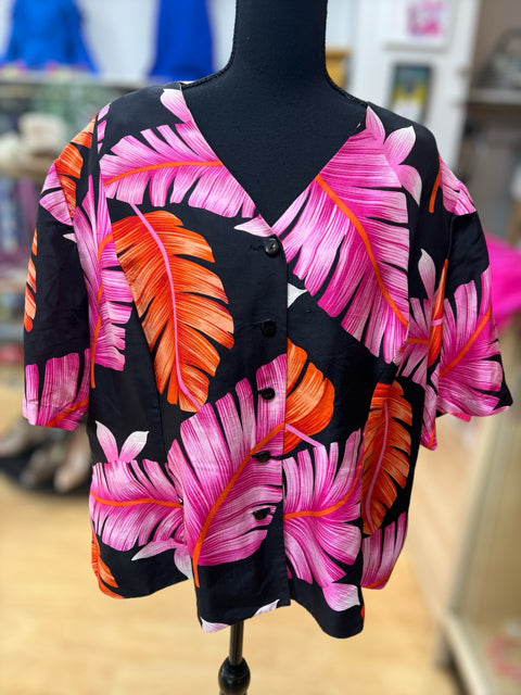 dana buchman Size 24 Black/Pink/Orange Palm Leaves Blouse - Downstairs