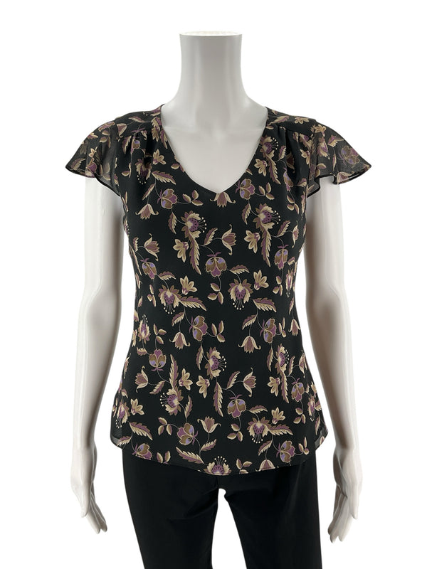 Loft Black/Purple/Tan Floral Pre-Owned Ladies Casual Top - Size XS