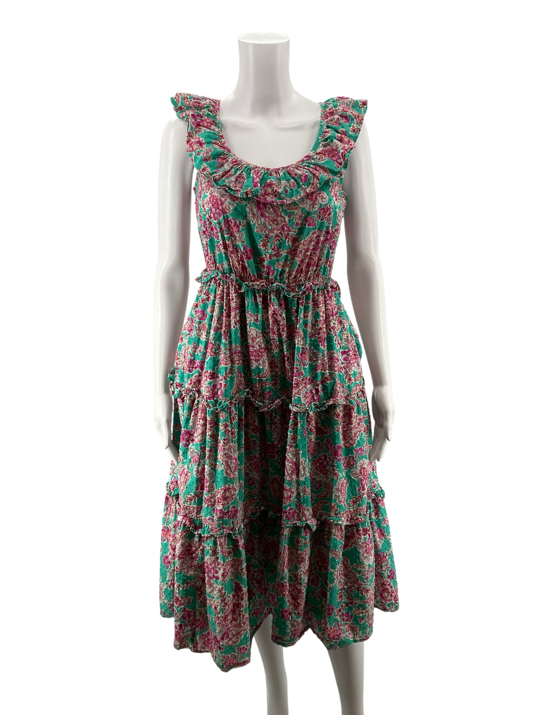 J.Crew Turquoise/Pink Maxi Ruffle-Strap Tiered Floral Paisley Midi Dress Cotton Size 0 - Size 0