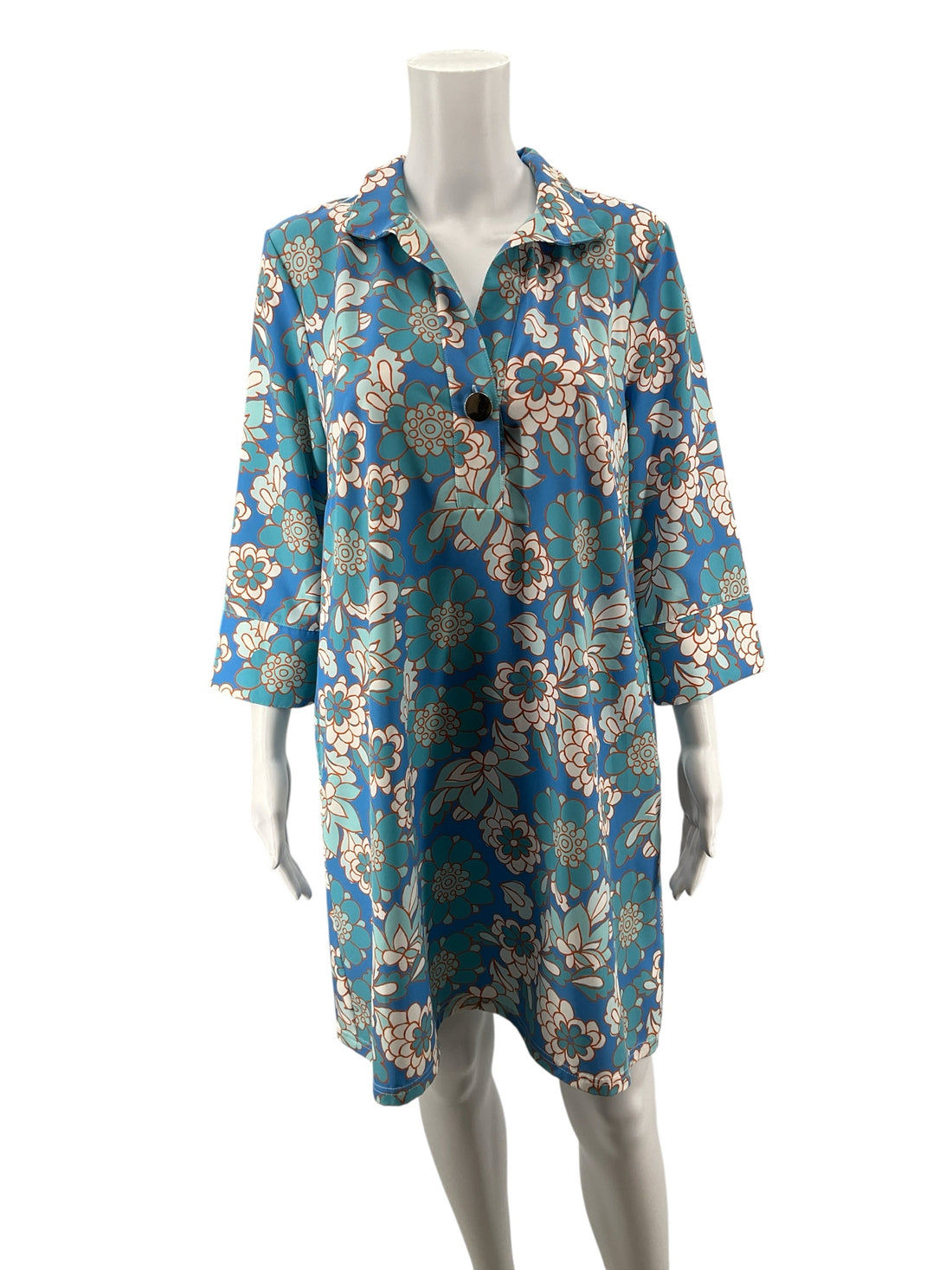 Smith &amp; Quinn blue/white/orange Shift Blue &amp; Orange Floral V-Neck Tunic Dress Size Small - Size S