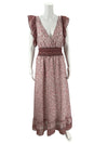 Ella Moon Mauve/White Floral Maxi Dress - Size Large with ruffled sleeves and smocked waist, ideal for spring fashion. Pre-owned and elegant.