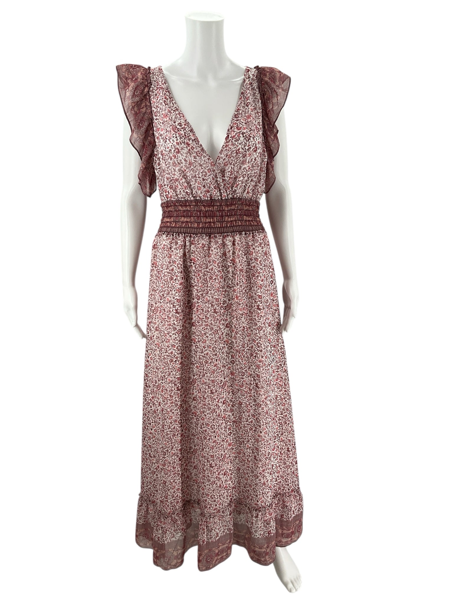 Ella Moon Mauve/White Floral Maxi Dress - Size Large with ruffled sleeves and smocked waist, ideal for spring fashion. Pre-owned and elegant.