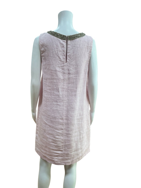 120% Lino Pink Beaded Sleeveless Italian Linen Dress Size Large