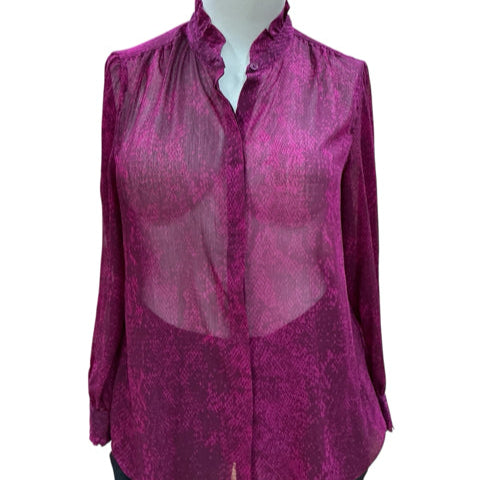 Chico’s Fuchsia Snake Top in size XL with sheer long sleeves and bold snake print, perfect for standout casual wear. Pre-owned and consigned.