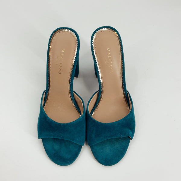 Pre-Owned Marciano by GUESS Teal Suede Open-Toe Mules - Women's Size 7.5