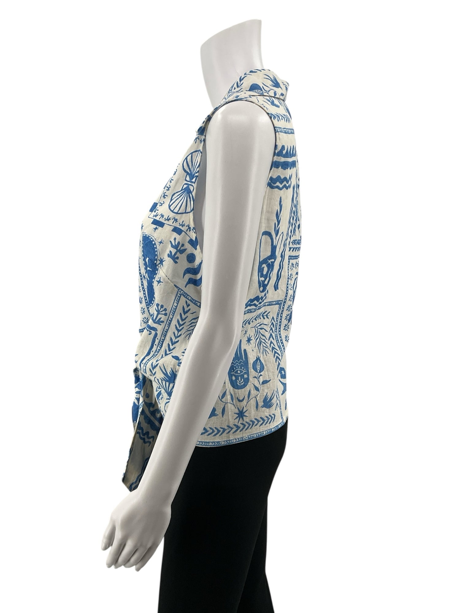 Calypso St. Barth white/blue Sleeveless Coastal Print Linen Blend Tie-Front Tank Top XL - Size XL