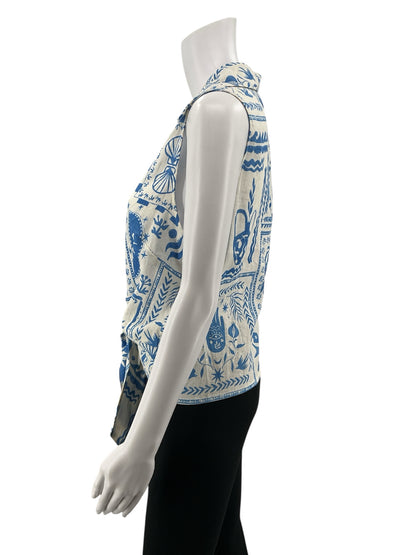 Calypso St. Barth white/blue Sleeveless Coastal Print Linen Blend Tie-Front Tank Top XL - Size XL