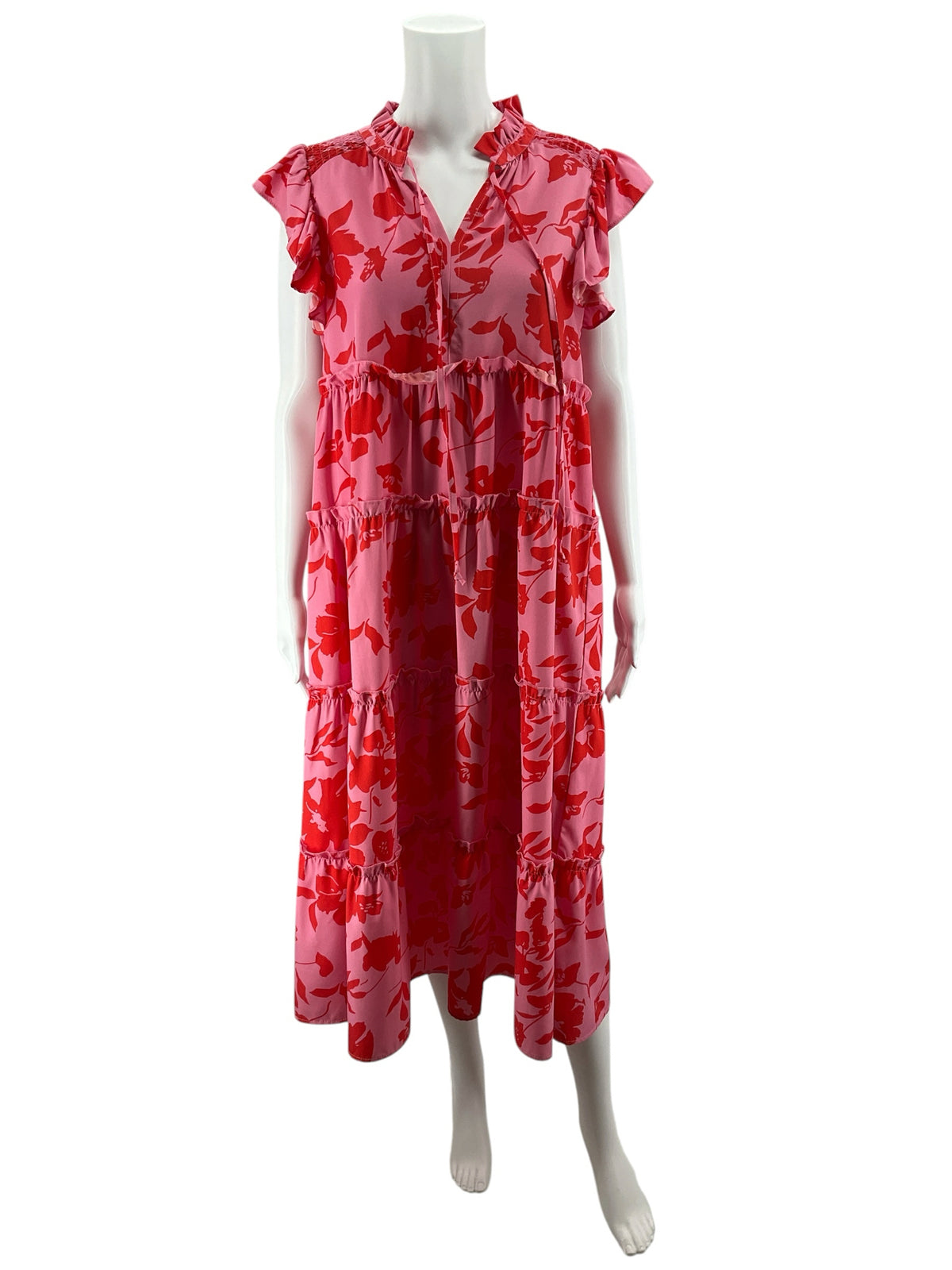 Umgee Pink &amp; Red Floral Ruffle Sleeve Tiered Boho Midi Dress Size Medium - ONLINE ONLY