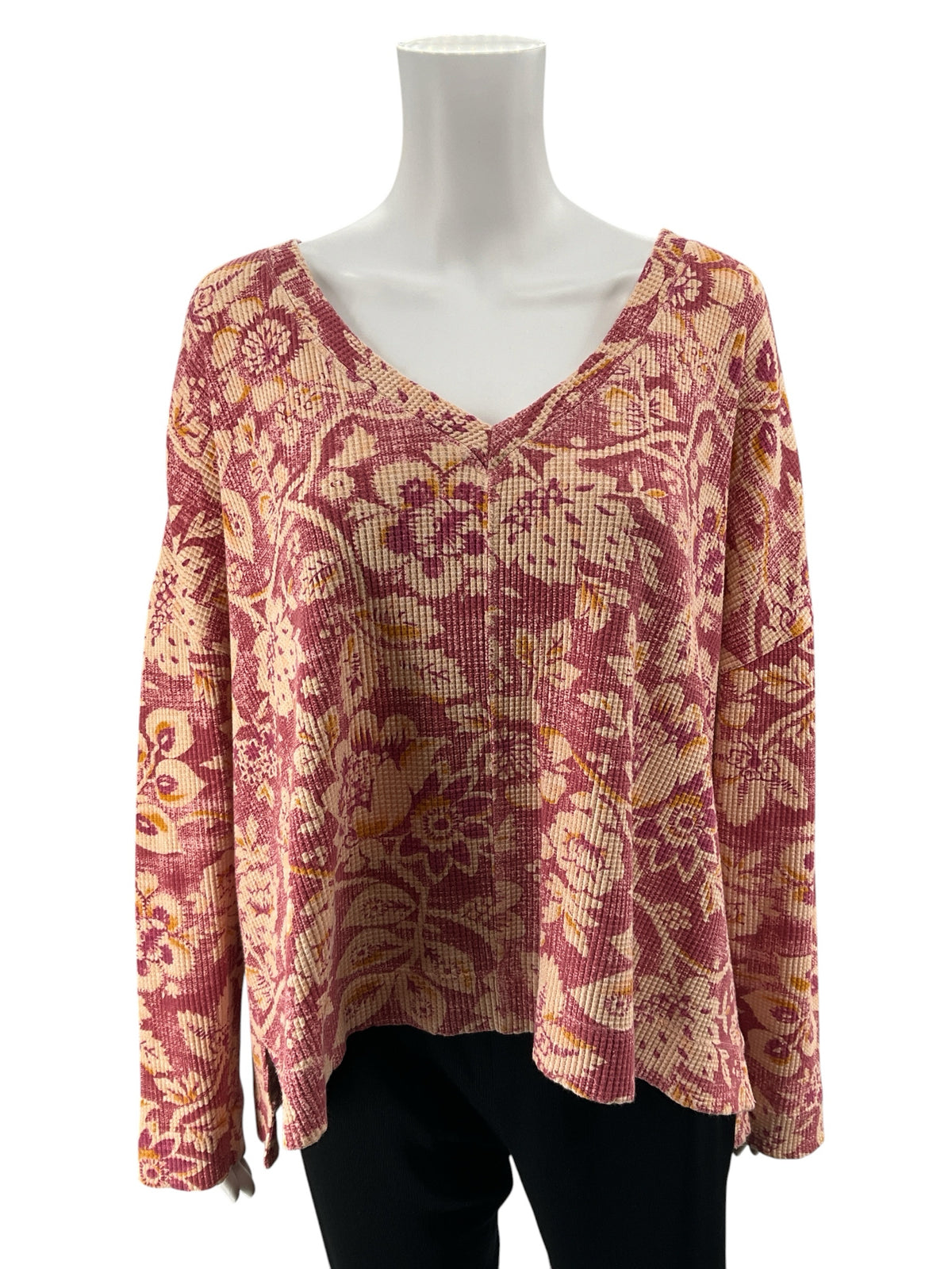 Pilcro by Anthropologie Floral Waffle Knit Thermal Top Size Medium Rust Maroon - ONLINE ONLY