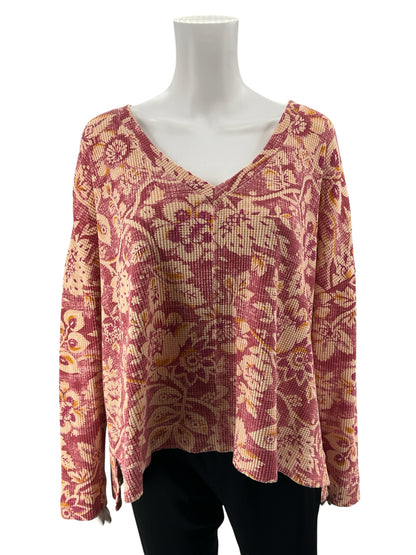 Pilcro by Anthropologie Floral Waffle Knit Thermal Top Size Medium Rust Maroon - ONLINE ONLY