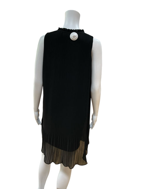 Back view of Naked Zebra Black Pleated Pre-Owned Ladies Dress, showcasing pleated design and sheer hem detail in size small.