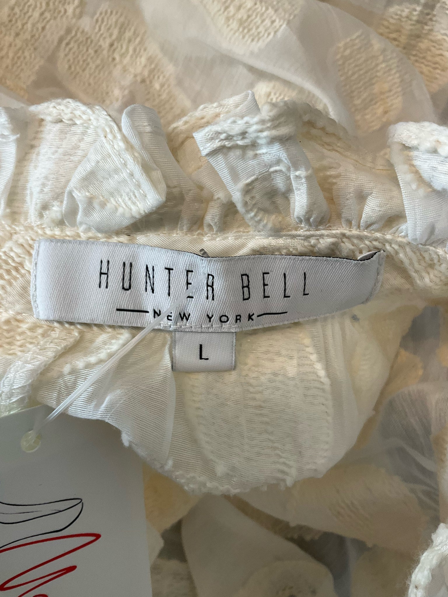 Hunter Bell Crawford Top Cream Jacquard Dot Ruffle Puff Sleeve Blouse Size Large