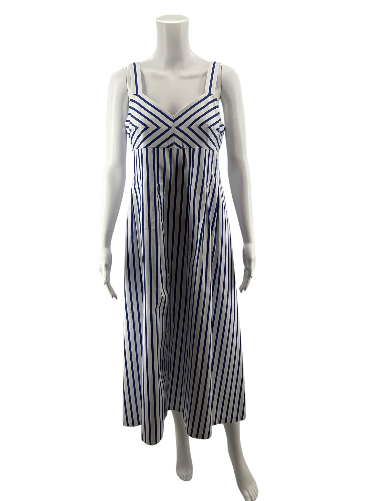 Talbots Nautical Chevron Stripe Cotton Midi Dress White Blue Size 2