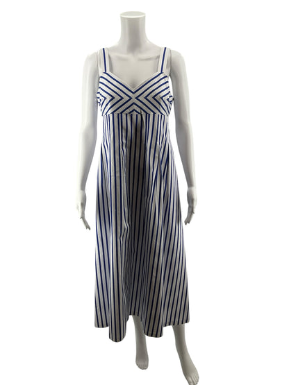 Talbots Nautical Chevron Stripe Cotton Midi Dress White Blue Size 2