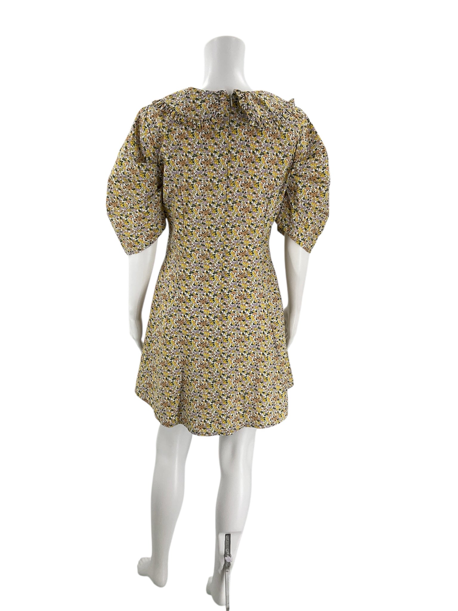Back view of Anthropologie Cream/Yellow/Orange Floral Dress - Size 10 featuring a bow detail and flared hem, perfect for garden parties.
