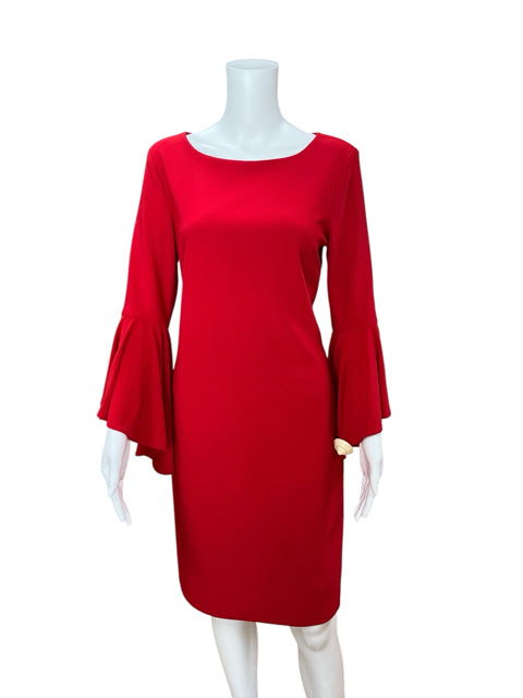 Pre-owned Frank Lyman red cocktail dress with dramatic double bell sleeves and sheath cut, displayed on mannequin front view.
