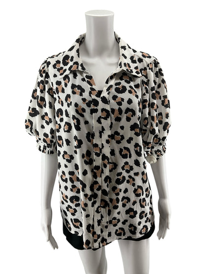 Jodifl Leopard Print Puff Sleeve Blouse | Size Large Animal Print Collared Top